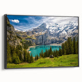 Black and white landscape art painting of a Swiss scenery on a framed canvas, ideal for bedroom decor.