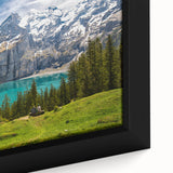 Extra large framed canvas featuring a textured depiction of a Swiss landscape in vibrant colors, ideal for living room decor.