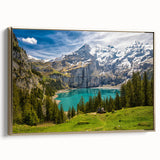 Framed canvas depicting a vintage-style Swiss landscape in muted gold and black tones, ideal for bedroom wall decor.