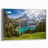 Framed canvas featuring a vintage-style landscape painting of a Swiss scenery in muted earth tones.