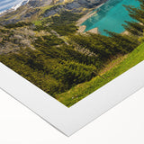 Art deco poster of a Swiss landscape in muted colors on rolled canvas, suitable for dining room wall art.