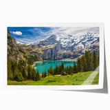 Extra large rolled print depicting a serene Swiss landscape with lush greenery and distant mountains.