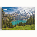Black and white stretched canvas featuring a panoramic Swiss landscape, ideal for kitchen wall art.