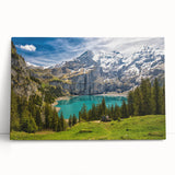Large black and white photo of a Swiss landscape on stretched canvas, ideal for kitchen wall art or bedroom ambiance.