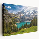 Swiss landscape on a large stretched canvas, featuring lush green fields and snowy peaks, ideal for kitchen wall art.