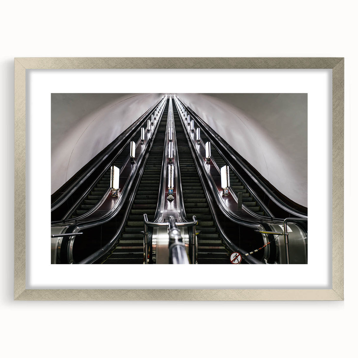 Textured abstract art print depicting a serene European landscape in muted earth tones, framed in silver.
