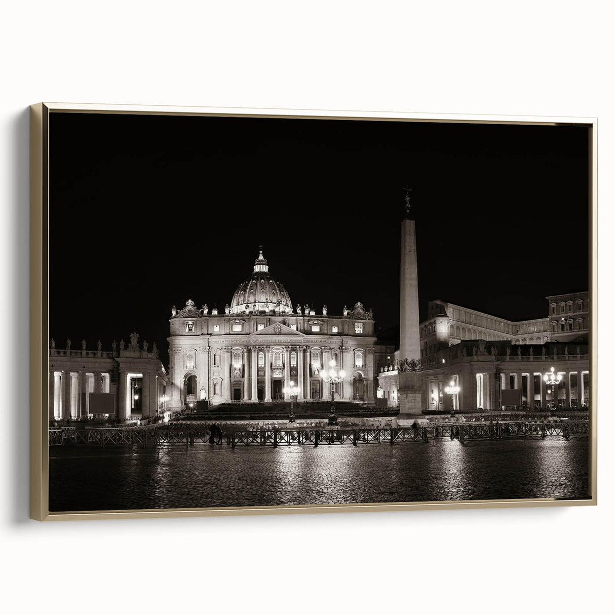 Framed canvas depicting a vintage-style landscape of the Vatican in muted gold and black tones, ideal for bedroom wall decor.