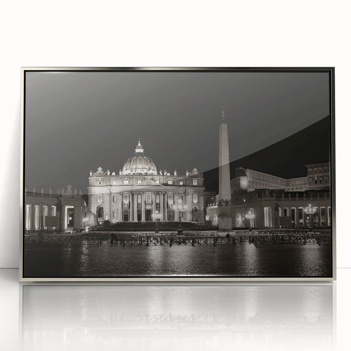 Mid-century modernist art of the Vatican, with muted earth tones on a framed acrylic, ideal for modern art wall decor.