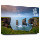 Large abstract wall art depicting a serene Welsh landscape in muted green and blue tones, printed on acrylic glass.