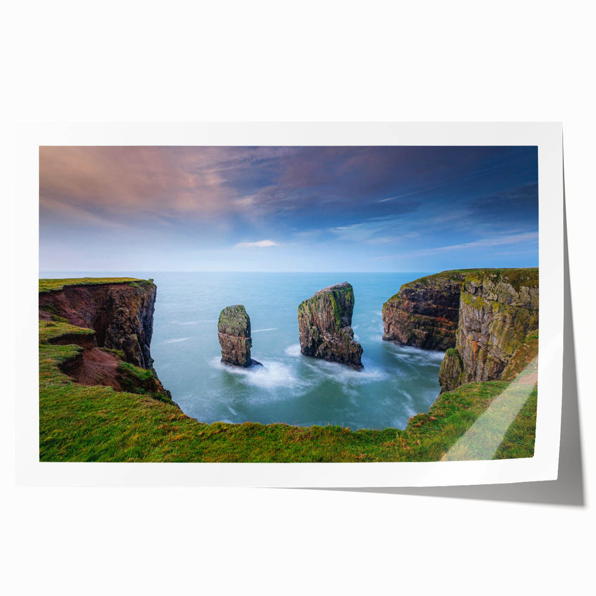 Rolled print of a Welsh landscape featuring muted green and blue tones, ideal for art wall dining room.