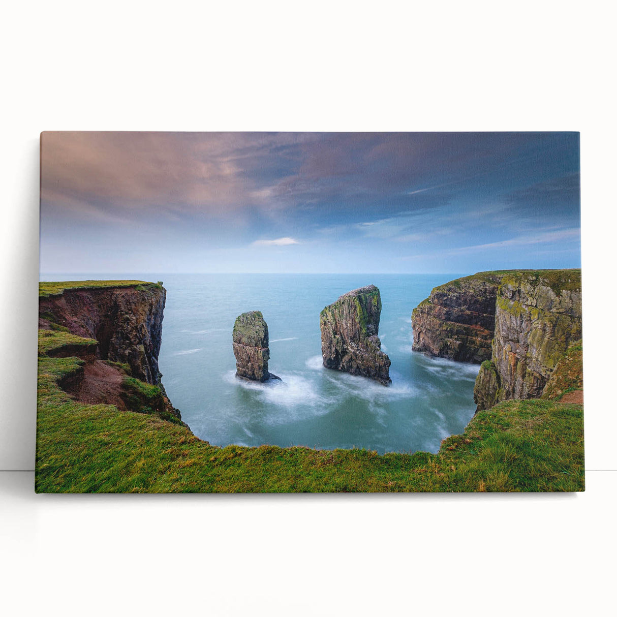 Black and white photograph of a scenic Welsh landscape on large stretched canvas.