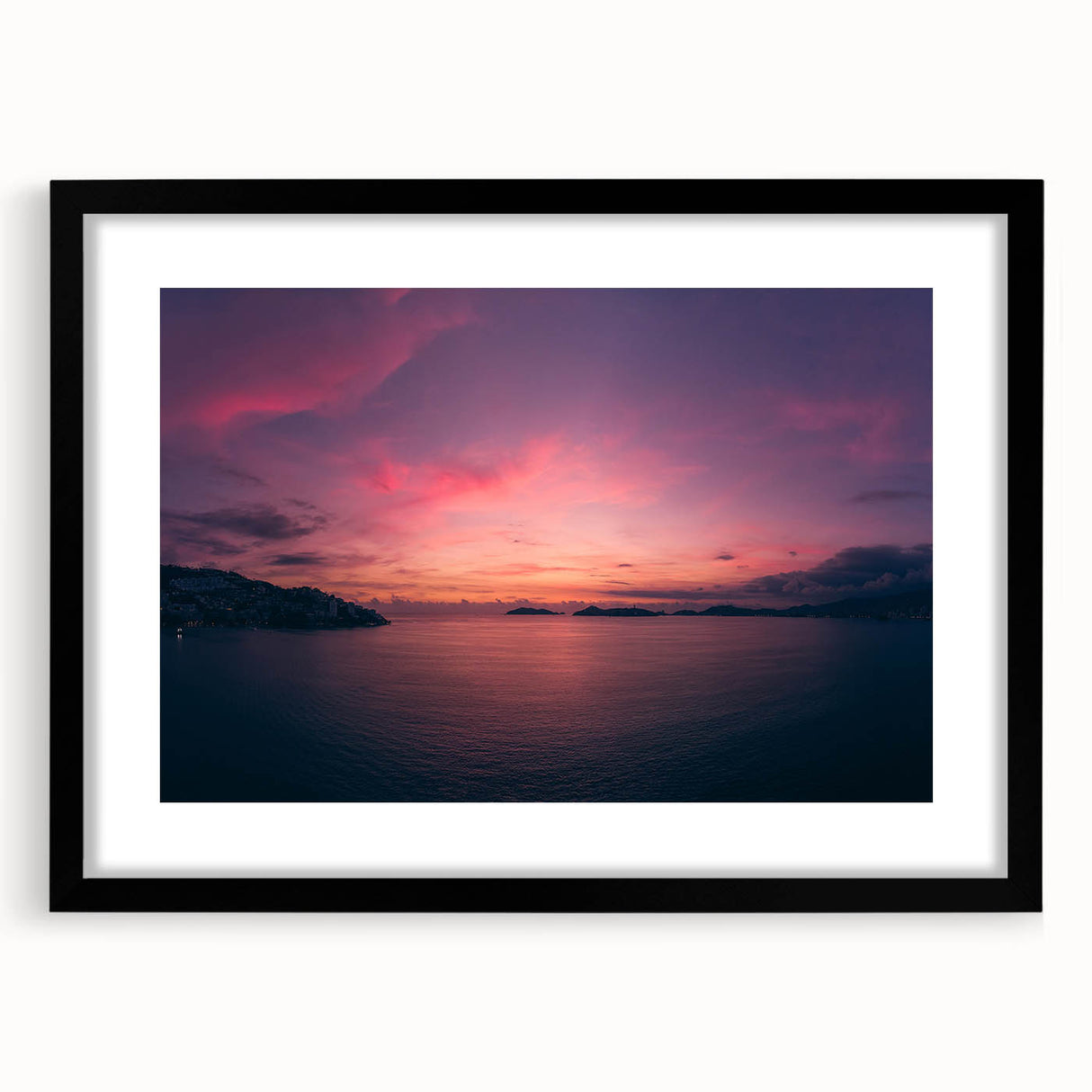 Extra large framed print of abstract Acapulco scenery in vibrant colors on textured art paper, ideal for living room decor.
