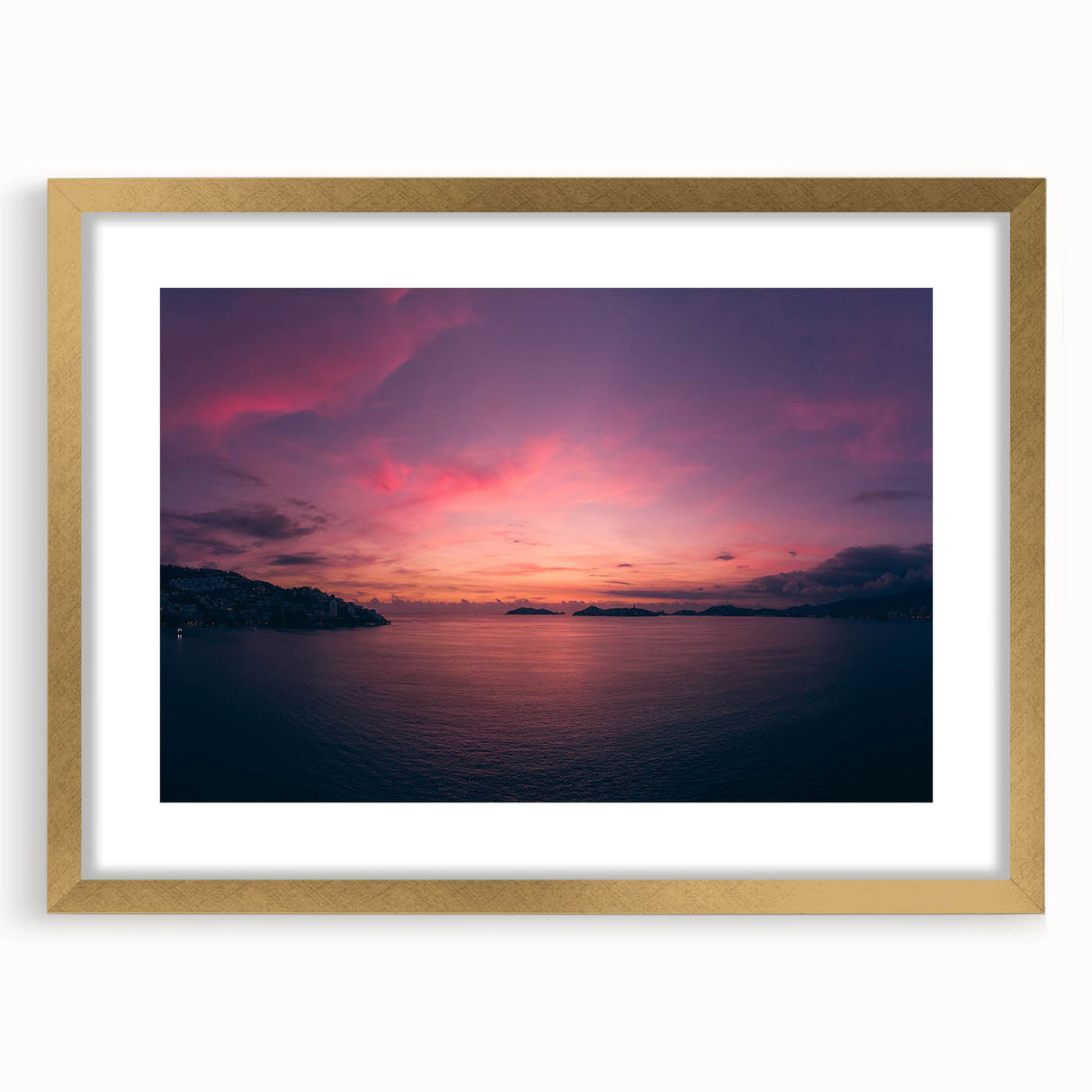 Extra large framed abstract art print of Acapulco scenery in gold frame, featuring textured design with vibrant hues.