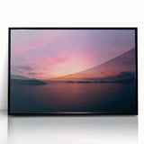 Large abstract wall art depicting a stylized Acapulco scenery in muted orange and blue tones, framed in black acrylic.
