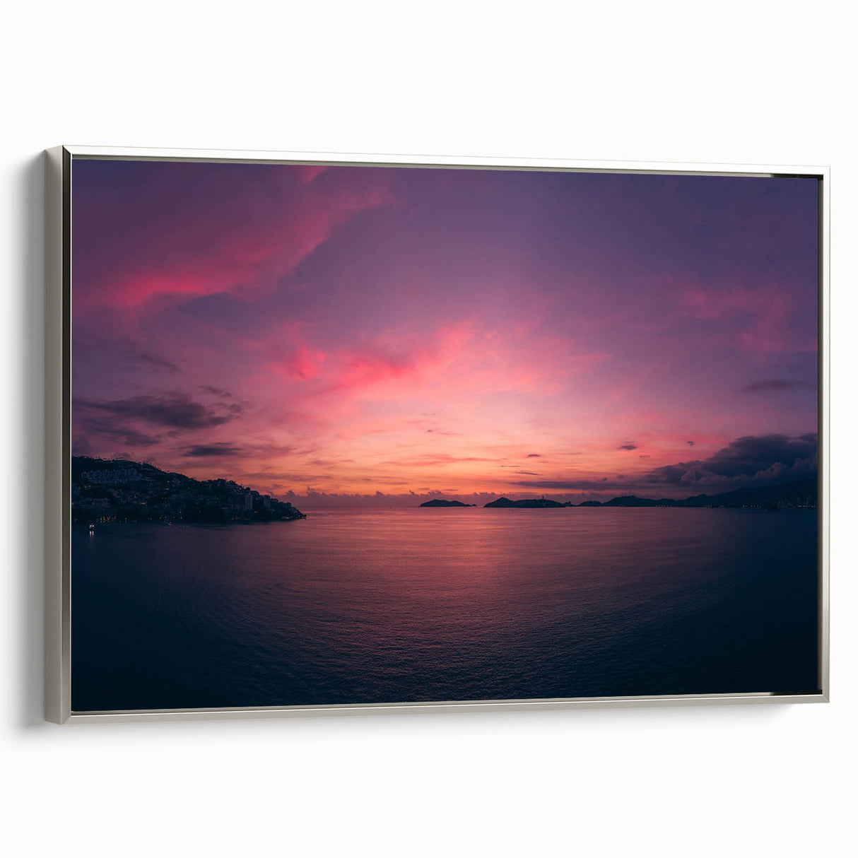 Framed canvas landscape art painting featuring a vintage poster of Acapulco scenery with colorful accents on a black…