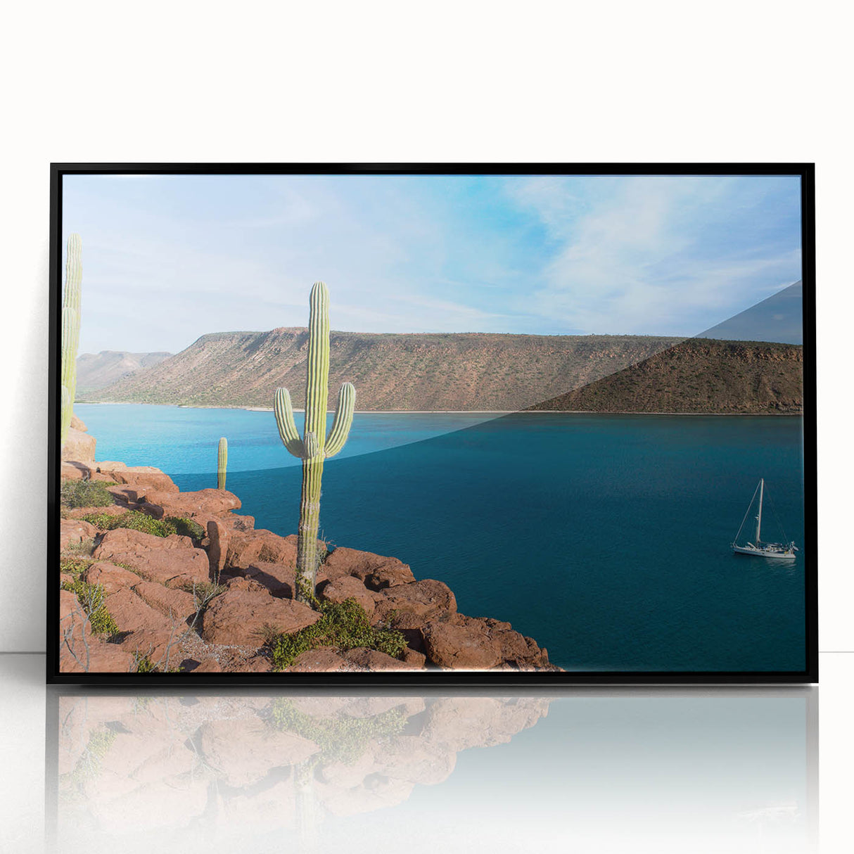 Large abstract wall art depicting Baja California scenery in muted earth tones, framed in black acrylic.