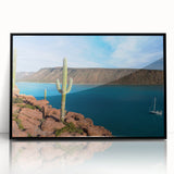 Large abstract wall art depicting Baja California scenery in muted earth tones, framed in black acrylic.
