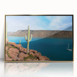 Large art print of a serene Baja California landscape in mid-century modernist style, framed in gold acrylic.