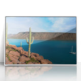 Framed acrylic print of Baja California scenery in art deco style, with soft pastel colors.