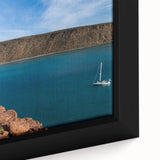 Extra large framed canvas of a textured Baja California scenery in black with colorful accents, ideal for living room decor.