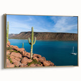 Framed canvas wall art featuring a vintage-style landscape painting of Baja California, with muted earth tones.