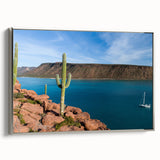 Framed canvas depicting a vintage-style landscape of Baja California in vibrant, colorful hues.