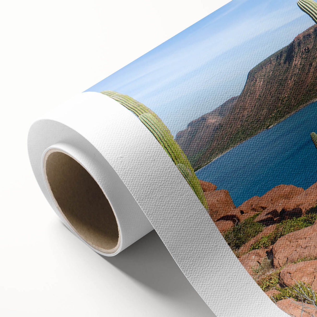 Art deco poster of Baja California scenery on rolled canvas, featuring pastel shades, perfect for nursery wall art.