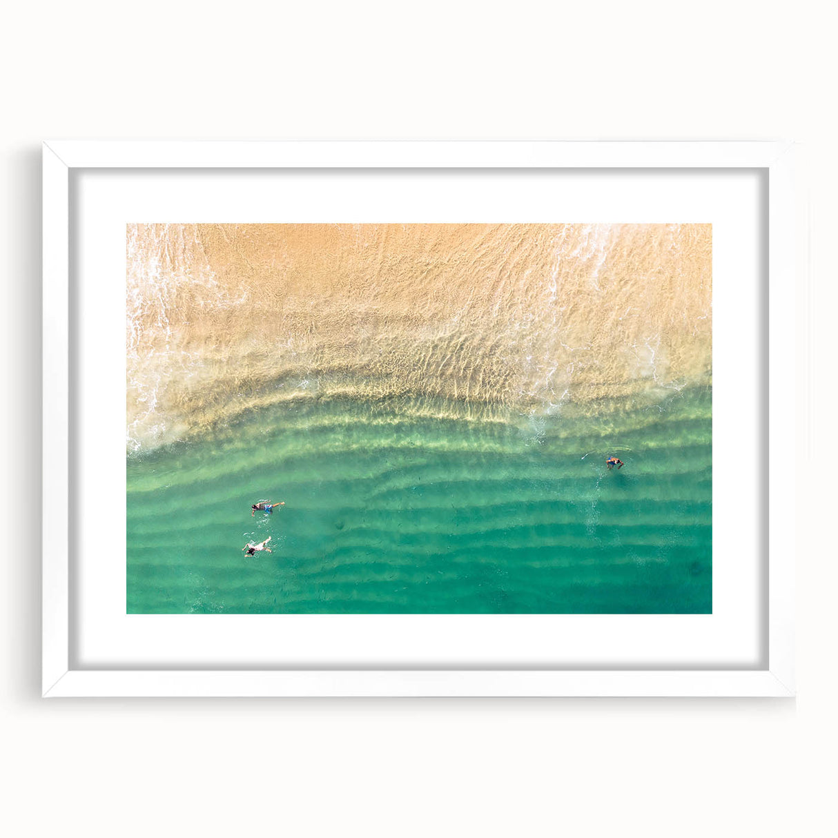 Abstract art print of Cabo San Lucas with vibrant blue and white tones on a framed white mat, ideal for dining room decor.