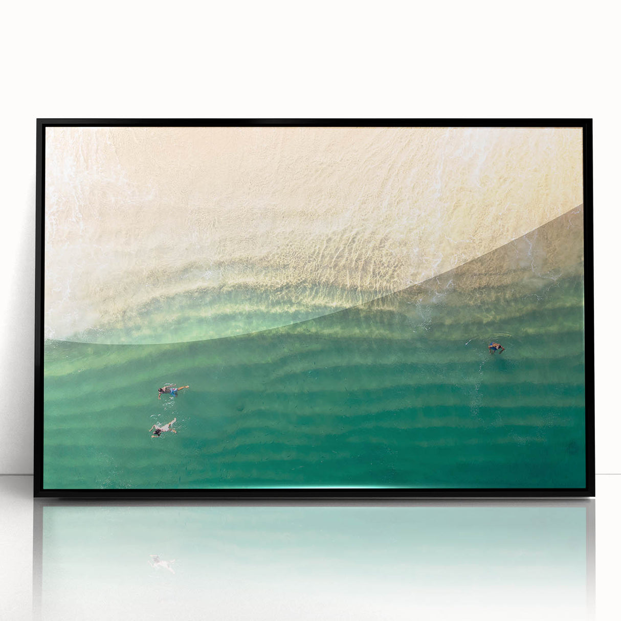 Large abstract wall art depicting the Cabo San Lucas scenery in muted earth tones, framed in black acrylic.