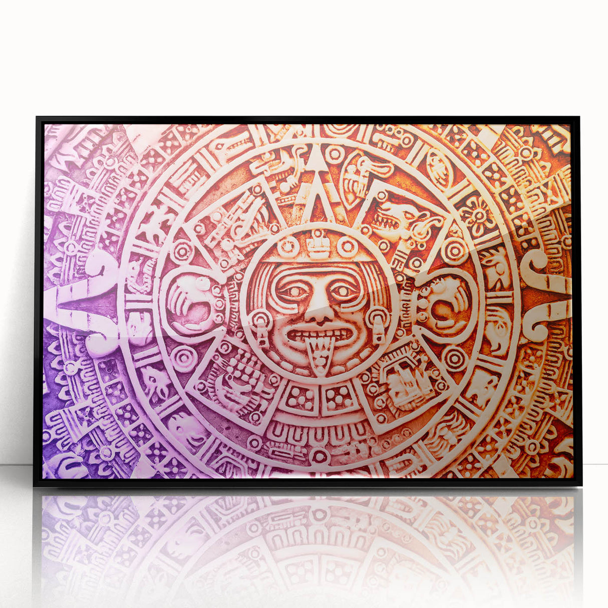 Large abstract wall art depicting a Cancun scenery in muted blue and green tones, framed in black acrylic.