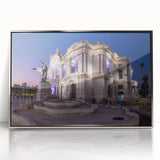 Mid-century modernist art depicting Mexico City with vibrant hues, framed in silver acrylic, ideal for nursery wall decor.