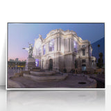 Acrylic print of Mexico City scenery in art deco style with pastel color palette, framed in white.