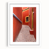 Abstract art print of Guanajuato scenery in vibrant colors on a white framed poster, ideal for dining room decor.