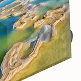 Large abstract wall art depicting Oaxaca scenery in mid-century modernist style on acrylic glass.