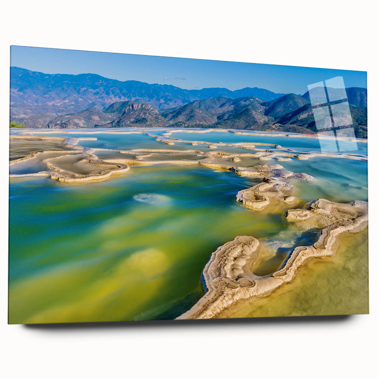 Large abstract wall art of Oaxaca scenery in muted earth tones on acrylic glass, ideal for bedroom or dining room decor.
