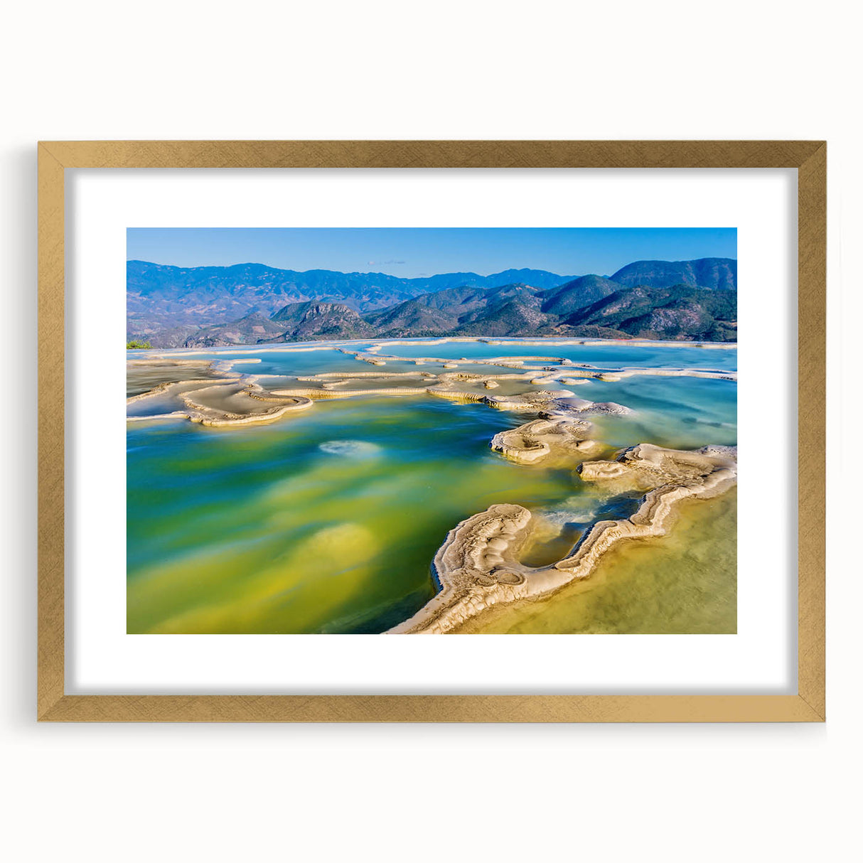 Extra large abstract art print of a textured Mexican Oaxaca scenery in a gold frame, ideal for living room decor.
