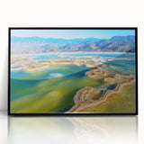 Large abstract wall art depicting Oaxaca, Mexico scenery in muted earth tones on a black framed acrylic print.