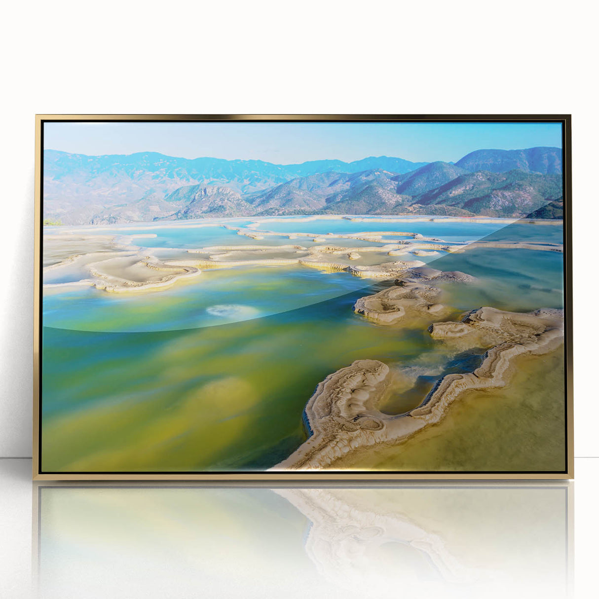 Mid-century modernist acrylic print of Oaxaca scenery in gold frame, ideal for modern art wall decor.