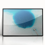 Large abstract wall art depicting a vibrant Mexican landscape in a mid-century modernist style, framed in black acrylic.