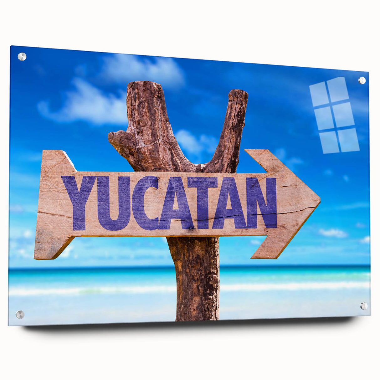 Acrylic print of a Yucatan scenery with lush greenery and ruins, in vibrant green and earth tones.