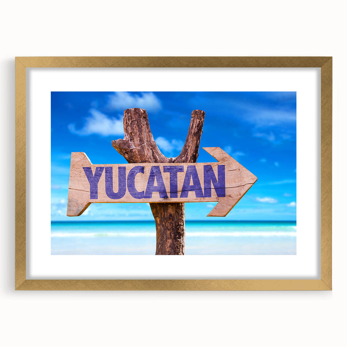 Extra large framed abstract art print depicting Yucatán scenery in textured gold and green tones.