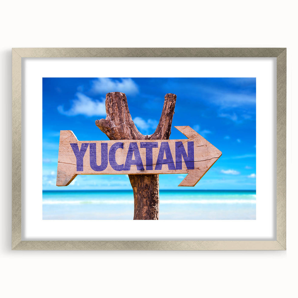 Textured abstract art print of Yucatan scenery in silver frame, using earth tones, ideal for bedroom art.