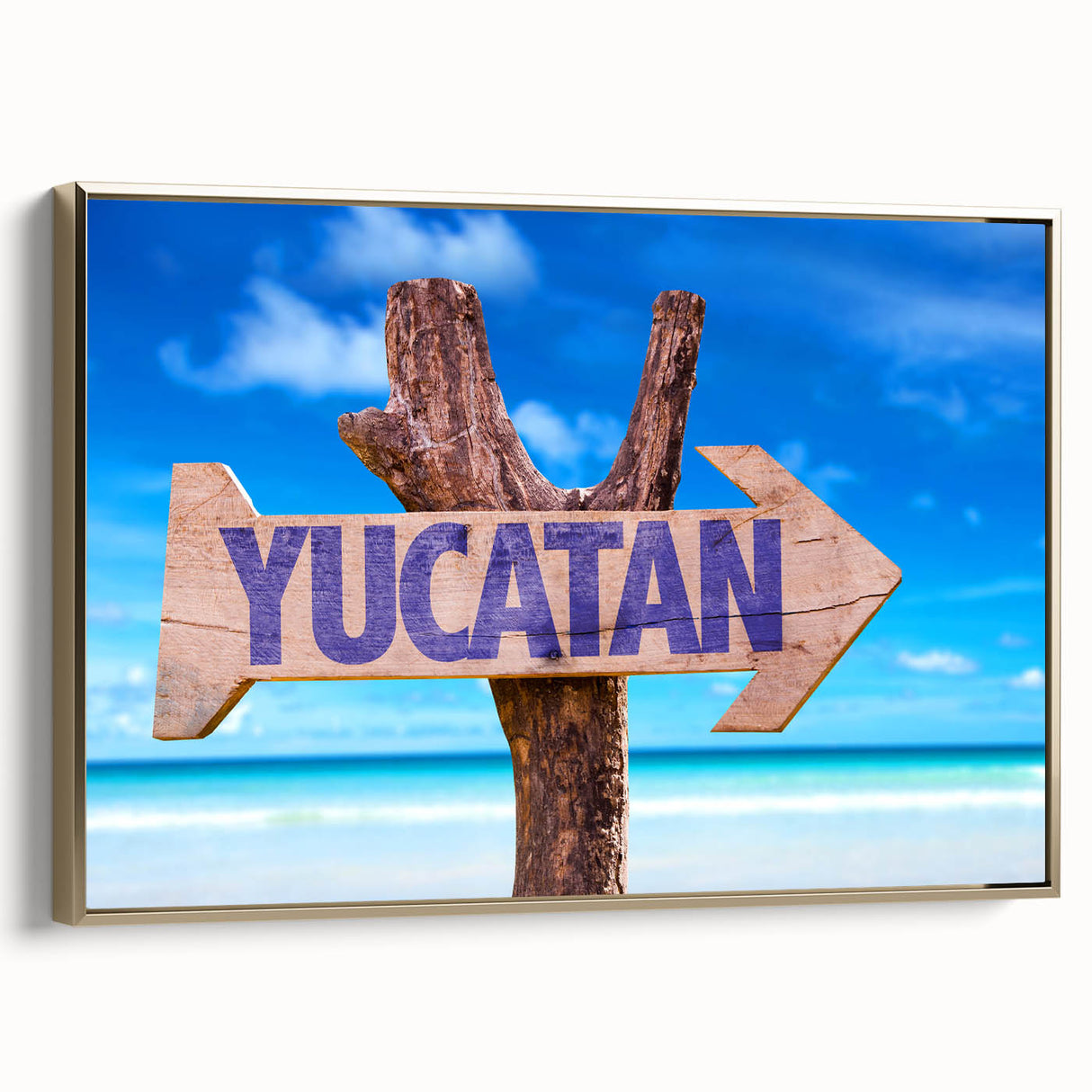 Framed canvas of a Yucatan landscape painting in gold and black tones, suitable as wall art for a bedroom.