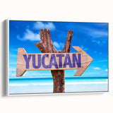 Vintage poster art of Yucatan, Mexico scenery on framed canvas, featuring vibrant colors, ideal for living room decor.