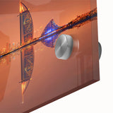 Large abstract wall art of Dubai skyline in muted earth tones on acrylic glass, ideal for dining room ambiance.