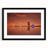 Extra large abstract art print featuring a colorful, textured depiction of Dubai's skyline on a framed canvas.