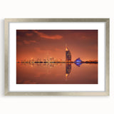 Textured abstract art print of Dubai skyline in muted silver and gray tones on a framed canvas, suitable for bedroom decor.