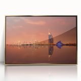 Acrylic print of Dubai skyline in gold and blue tones, framed, ideal for modern art wall decor.