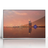 Acrylic print of Dubai skyline in muted earth tones, framed in white, suitable for modern art wall decor.