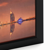Extra large framed canvas featuring a textured depiction of Dubai’s skyline in black with colorful accents.